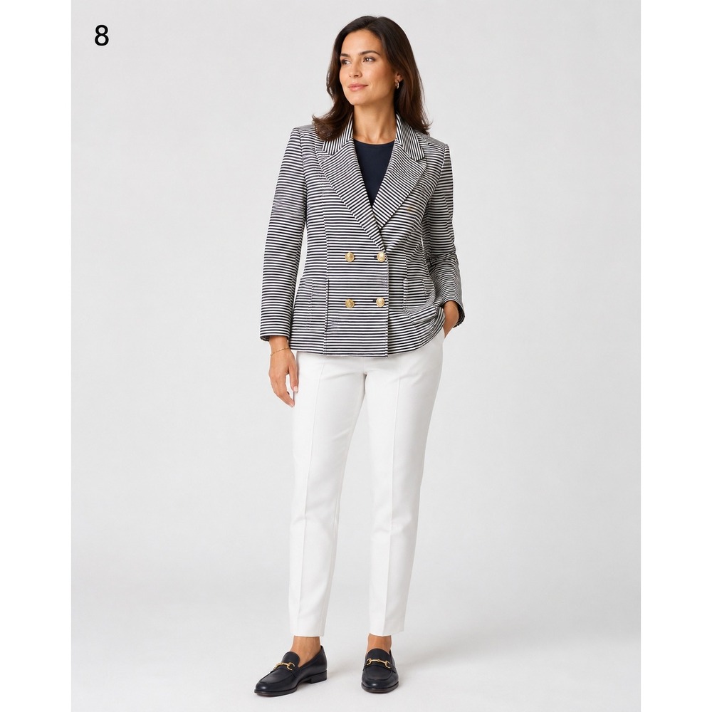 CAbi Double Breasted Blazer Jacket Womens Small Blue White Stripe Nautical Rayon